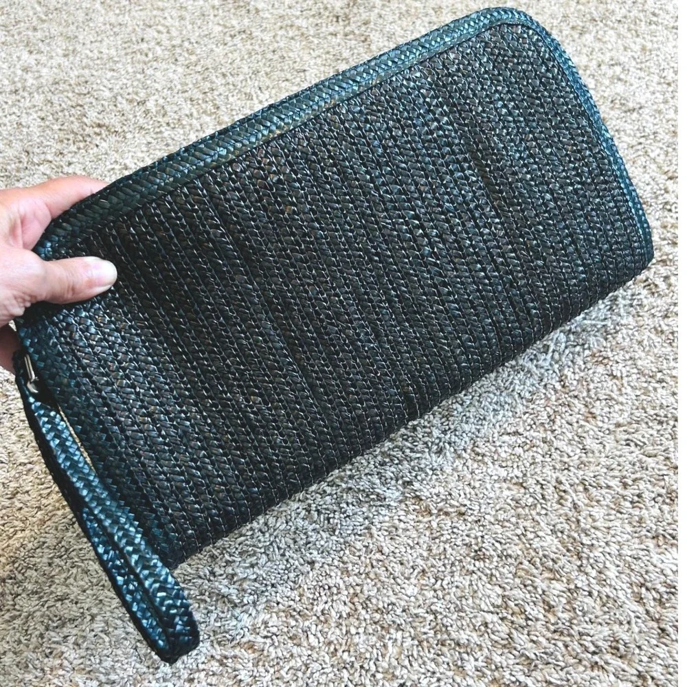 Vintage Black Woven Straw Wristlet Clutch Bag Large Zipper Pouch